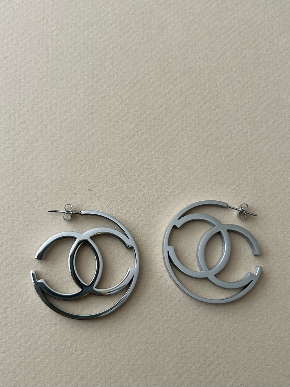 chanel Double ccSilver Hoop EarringsL24